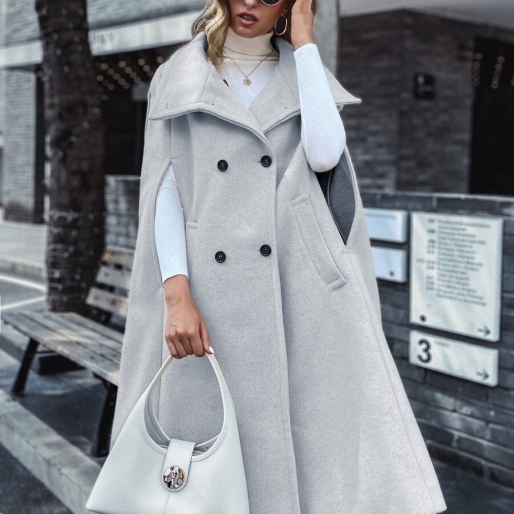 GREY button double breast vest trench pea coat - Picture 4 of 8